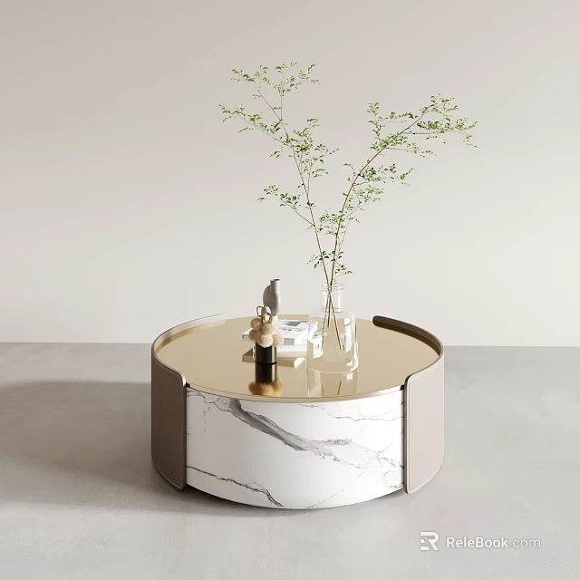 Modern Round Coffee Table With Marble Top Gold Frame And Green Plant In Glass Vase 3d model 