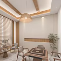 Modern Teahouse Interior With Wooden Shelves Tea Sets Seating And Green Plants