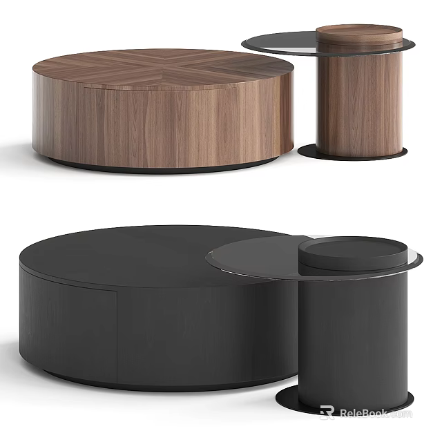 Modern Round Walnut And Black Nested Coffee Table Set With Minimalist Design Elements 3d model 
