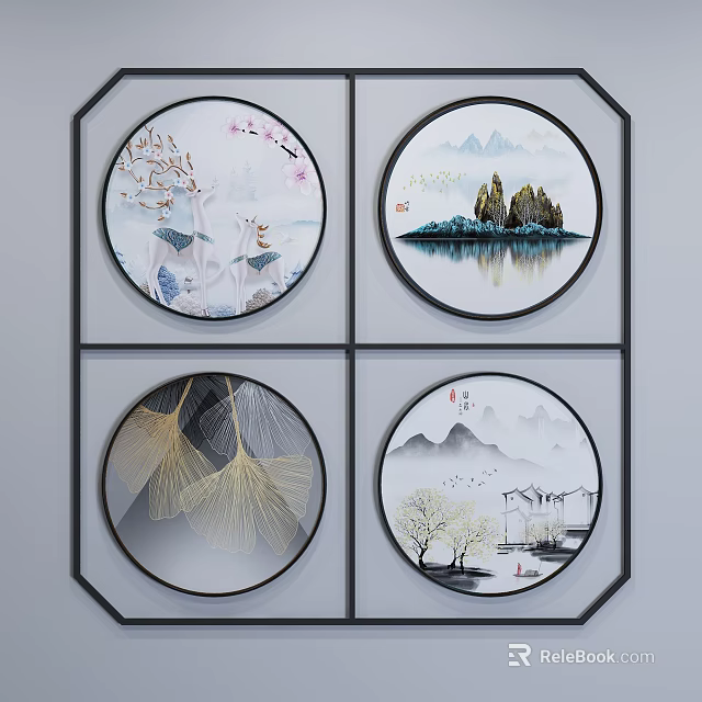 Chinese Style Circular Landscape Paintings In Black Hexagonal Frames With Natural Scenery Elements 3d model