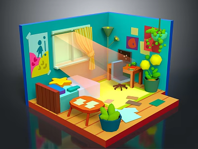 Cartoon Style Cozy Room With Blue Walls Yellow Curtains Decorative Posters Sofa And Potted Plants 3d model