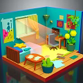 Cartoon Style Cozy Room With Blue Walls Yellow Curtains Decorative Posters Sofa And Potted Plants
