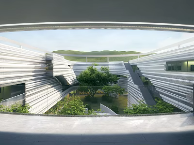 Modern School Building With White Striped Facade Open Courtyard And Green Plants Staircases 3d model