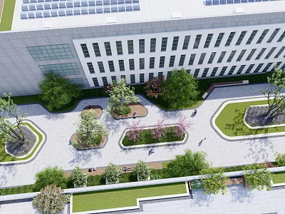 Modern Office Building Exterior With Green Landscaping And Outdoor Seating Areas 3d model