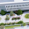 Modern Office Building Exterior With Green Landscaping And Outdoor Seating Areas