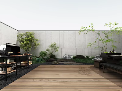 Modern Garden Feature Wall With Wooden Deck Green Plants Small Trees And Stone Accent 3d model
