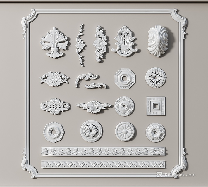 Various Decorative Ornamental Carvings With Floral Scrolls Geometric Shapes And Traditional Designs 3d model 