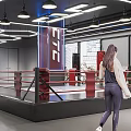 Modern Boxing Training Gym With Red Ring Punching Bags Posters And Bright Lights