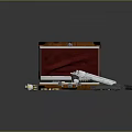 Open Wooden Case With Red Lining White Gun Bullets Playing Cards Dice And Black Revolver