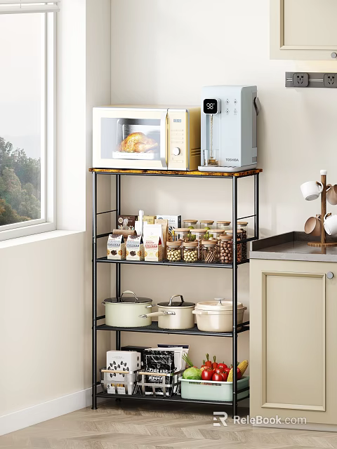 Kitchen Storage Rack With Spice Jars And Cookware 3d model 