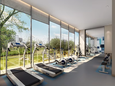 Spacious Fitness Gym With Large Windows Green Views And Workout Equipment 3d model