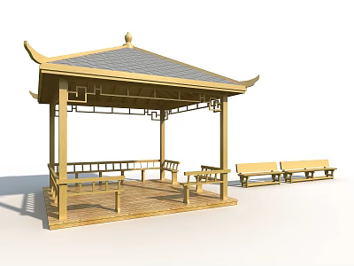 Chinese Traditional Wooden Pavilion With Pagoda Roof Overhanging Eaves And Benches 3d model