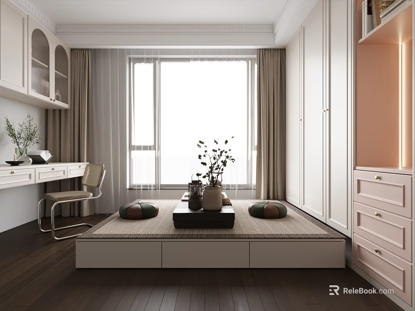 Modern Study Room Interior with White Cabinets Desk Chair Tatami Platform and Wooden Flooring 3d model 