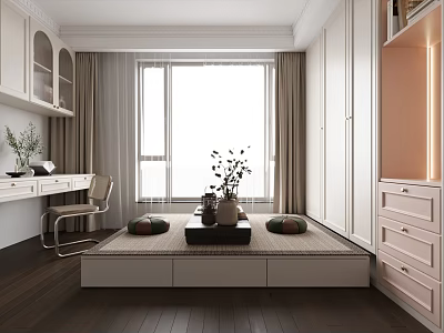 Modern Study Room Interior with White Cabinets Desk Chair Tatami Platform and Wooden Flooring 3d model