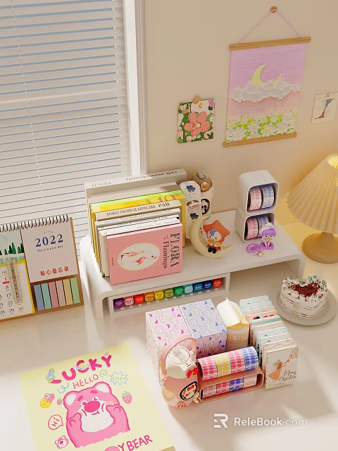 Cozy Organized Desk With 2022 Calendar Books Colored Pencils Storage Boxes And Table Lamp 3d model 