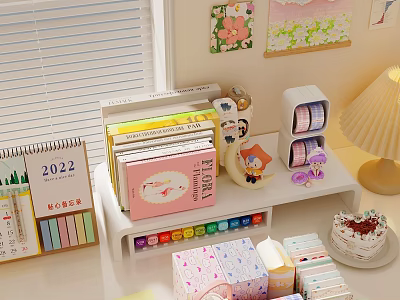 Cozy Organized Desk With 2022 Calendar Books Colored Pencils Storage Boxes And Table Lamp 3d model