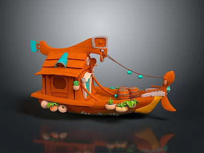 Cartoon Style Orange Water Vehicle With Small Cabin Plants Barrels And String Lights 3d model