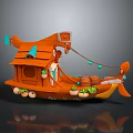 Cartoon Style Orange Water Vehicle With Small Cabin Plants Barrels And String Lights