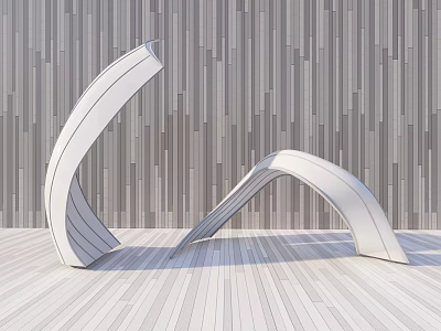 White Curved Landscape Sculpture Against Gray Wooden Grain Wall And Light-colored Wooden Floor 3d model