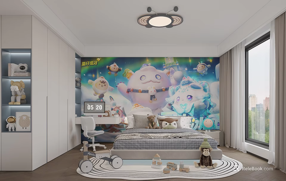 Colorful Kids Room Interior Featuring Cartoon Wall Mural Bed Desk Toys And Natural Light 3d model 