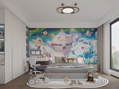 Colorful Kids Room Interior Featuring Cartoon Wall Mural Bed Desk Toys And Natural Light 3d model