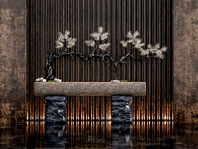 Modern End View Table Pine Wood Sculpture Stone End View Table Entrance Cabinet Ancient Copper Moss 3d model