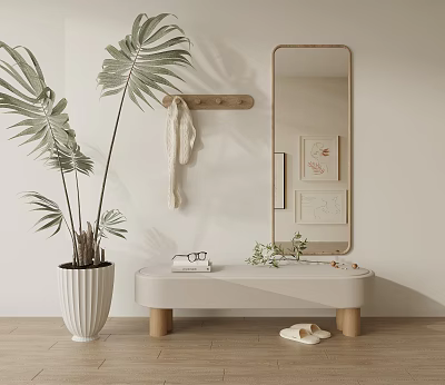 Full Length Mirror In Minimalist Entryway With Bench And Plants 3d model