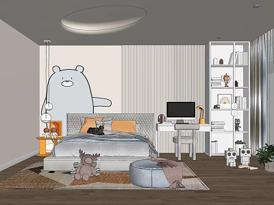 Kids Room With Big Cartoon Bear Mural Bed Orange Gray Pillows Study Desk And Bookshelf 3d model