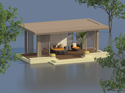 Outdoor Pergola Featuring Lattice Sides And Relaxing Furniture By Waterfront With Trees 3d model