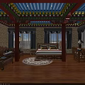 Traditional Hotel Guest Room With Colorful Ceiling Red Pillars Blue Curtains And Wooden Flooring