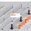 Various Types Of Metal Traffic Barriers With Warning Stripes And Orange Construction Bases