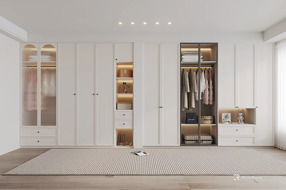 Modern White Wardrobe Interior With Glass Doors Drawers Storage Shelves And Hanging Rods 3d model 