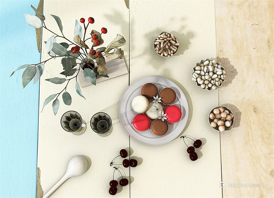Colorful Macarons Fresh Cherries And Small Nuts On Wooden Table With Decorative Branches And Leaves 3d model 