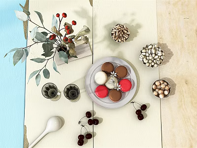 Colorful Macarons Fresh Cherries And Small Nuts On Wooden Table With Decorative Branches And Leaves 3d model