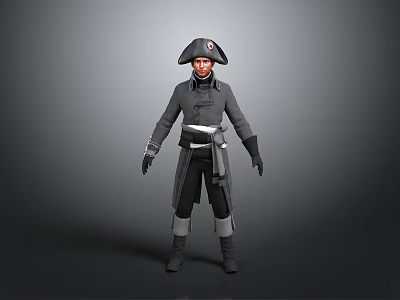 Realistic Game and Movie Character in Military Style Uniform With Tricorn Hat Leather Belt and Dark Coat 3d model
