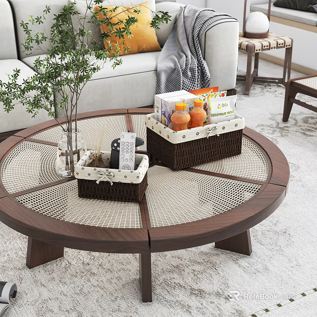 Round Wooden Coffee Table With Rattan Baskets Drinks Snacks Vase And Remote Control 3d model