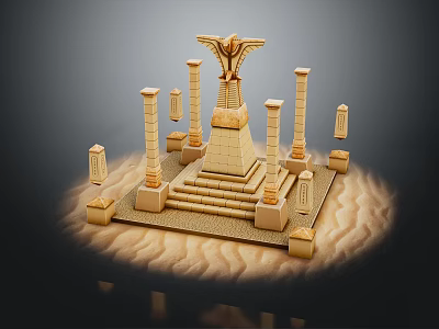 Ancient Egyptian Themed Scene With Golden Eagle Sculpture Stepped Pedestal Tall Columns And Stone Steles 3d model