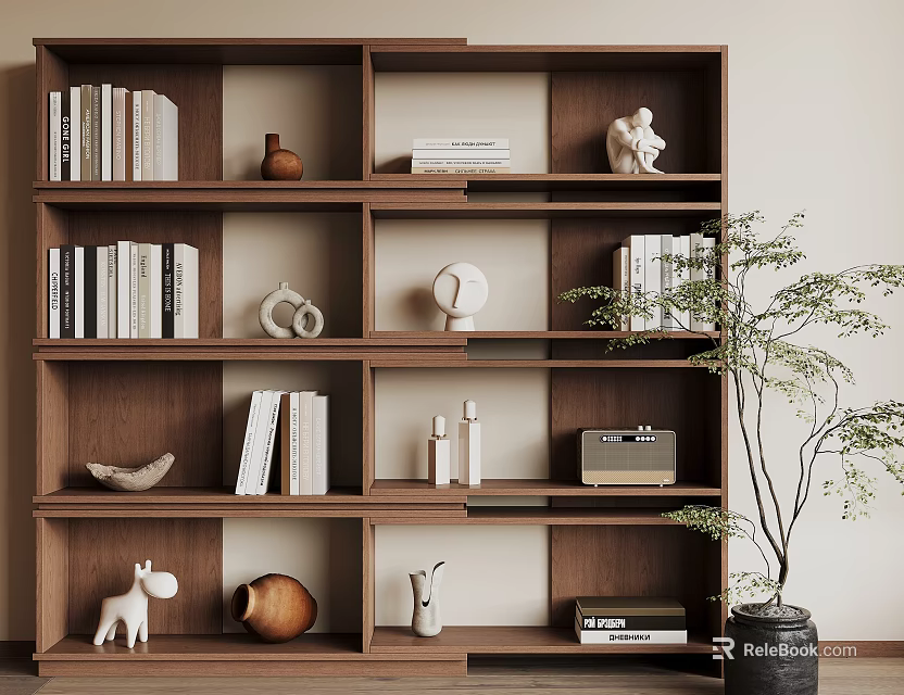 Modern Wooden Storage Shelf with Books Decorative Figurines Vase Radio and Potted Plant 3d model 