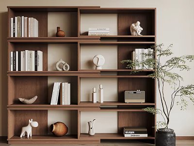 Modern Wooden Storage Shelf with Books Decorative Figurines Vase Radio and Potted Plant 3d model