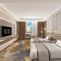 Modern Hotel Guest Room With Twin Beds Patterned Carpet Wooden Table And Comfortable Chairs