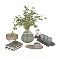 Stylish Ornamental Decor Set With Greenery Vase Wooden Bowl Teacup Glass Jars And Books