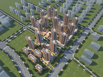 Aerial Planning of Modern Residential Complex With High Rise Buildings Green Areas And Road System 3d model