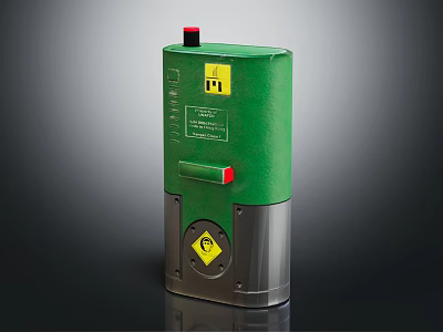 Green Industrial Device With Red Button Yellow Warning Sign Label And Silver Base 3d model