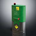 Green Industrial Device With Red Button Yellow Warning Sign Label And Silver Base