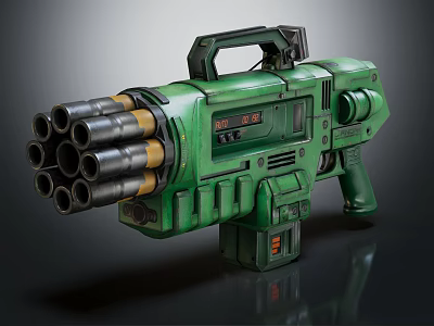 Green Multi Barrel Weapon With Metallic Texture Display Screen And Mechanical Design 3d model