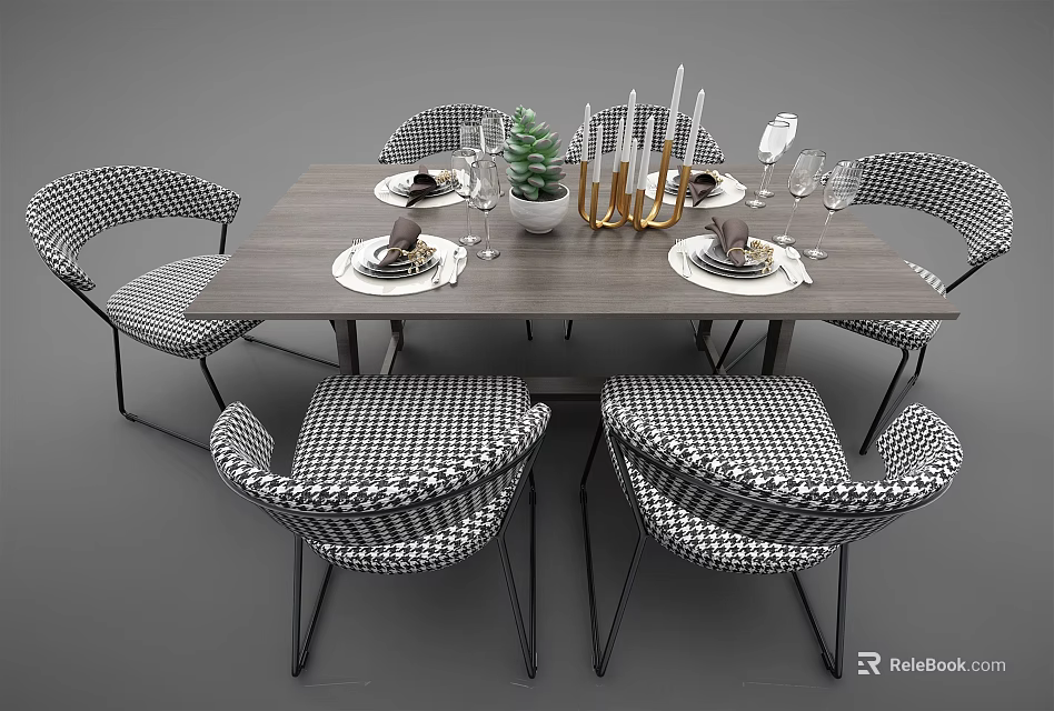Modern Dining Table Set With Black And White Checkered Chairs Metal Legs And Table Decor 3d model 