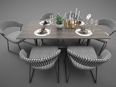 Modern Dining Table Set With Black And White Checkered Chairs Metal Legs And Table Decor 3d model