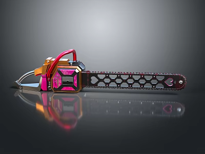 Futuristic Chainsaw Weapon with Pink Orange Accents and Honeycomb Chain Design 3d model