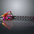 Futuristic Chainsaw Weapon with Pink Orange Accents and Honeycomb Chain Design