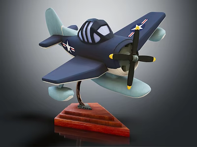 Light Blue and Dark Blue Passenger Airplane Model with Propeller on Wooden Base 3d model